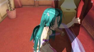 3D HENTAI Girl with blue hair touches her pussy and gives blowjob