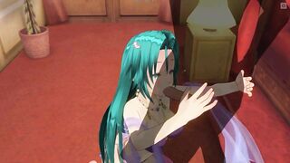 3D HENTAI Girl with blue hair touches her pussy and gives blowjob