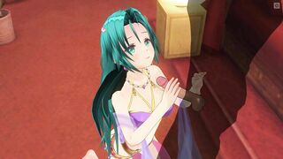3D HENTAI Girl with blue hair touches her pussy and gives blowjob