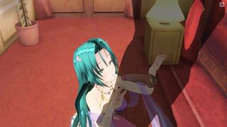 3D HENTAI Girl with blue hair touches her pussy and gives blowjob