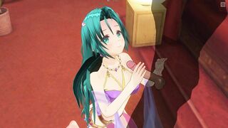 3D HENTAI Girl with blue hair touches her pussy and gives blowjob