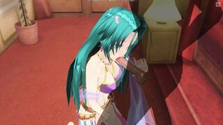 3D HENTAI Girl with blue hair touches her pussy and gives blowjob