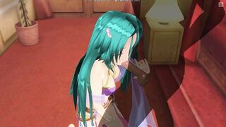 3D HENTAI Girl with blue hair touches her pussy and gives blowjob