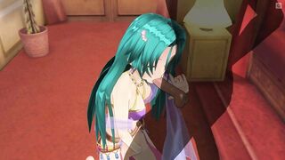 3D HENTAI Girl with blue hair touches her pussy and gives blowjob
