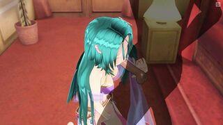 3D HENTAI Girl with blue hair touches her pussy and gives blowjob