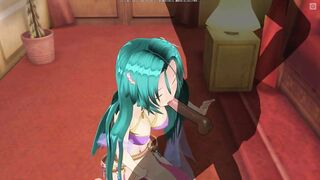 3D HENTAI Girl with blue hair touches her pussy and gives blowjob