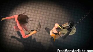 Tied up 3D cartoon lesbian babe getting whipped