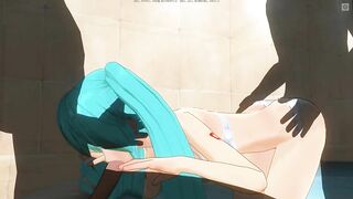 3D HENTAI Miku sucks cock while getting fucked in the ass