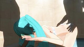 3D HENTAI Miku sucks cock while getting fucked in the ass