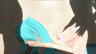 3D HENTAI Miku sucks cock while getting fucked in the ass