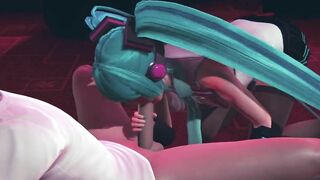 Miku gives a blowjob to a guest in public