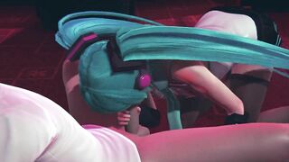 Miku gives a blowjob to a guest in public