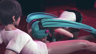 Miku gives a blowjob to a guest in public