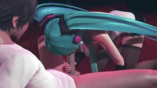 Miku gives a blowjob to a guest in public