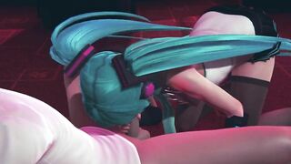 Miku gives a blowjob to a guest in public