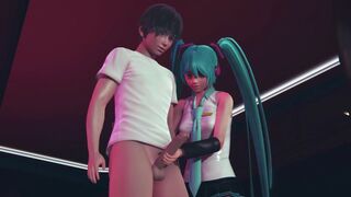 Miku jerks off cock to guest in public