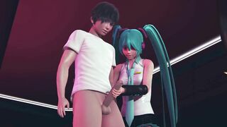 Miku jerks off cock to guest in public