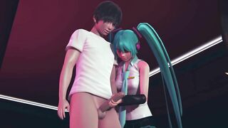 Miku jerks off cock to guest in public