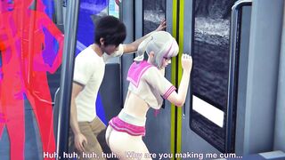 Guy masturbates the pussy of a schoolgirl in the subway car