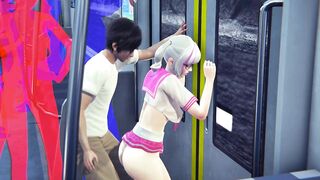 Guy masturbates the pussy of a schoolgirl in the subway car
