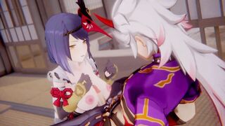 Kujou Sara x Arataki Itto Genshin Impact 3D HENTAI Shortver Part 3/6