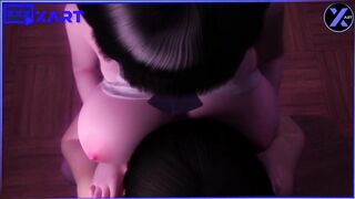 Asian girl jumps on a dick and big breasts in front of a guy's face