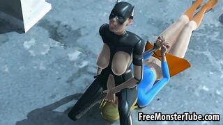 3D Catwoman licking Supergirls wet pussy on a roof