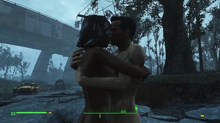 Gentle Sex of a Couple in the Pouring Rain in the Game Fallout 4 | PC Gameplay