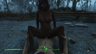 Gentle Sex of a Couple in the Pouring Rain in the Game Fallout 4 | PC Gameplay