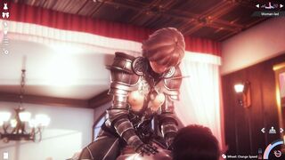 Animated cosplaying girl riding a horny guy