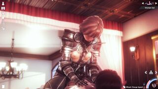 Animated cosplaying girl riding a horny guy