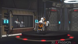 Futa sex robot plays with a female alien in the sci-fi lab