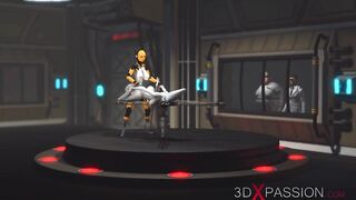 Futa sex robot plays with a female alien in the sci-fi lab