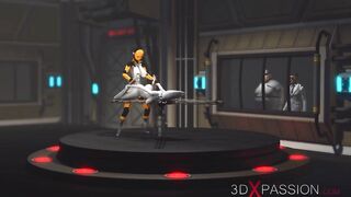 Futa sex robot plays with a female alien in the sci-fi lab