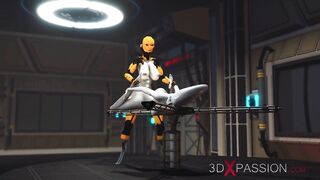 Futa sex robot plays with a female alien in the sci-fi lab
