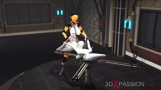 Futa sex robot plays with a female alien in the sci-fi lab