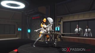 Futa sex robot plays with a female alien in the sci-fi lab