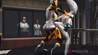 Futa sex robot plays with a female alien in the sci-fi lab