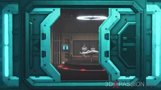 Futa sex robot plays with a female alien in the sci-fi lab