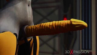 Futa sex robot plays with a female alien in the sci-fi lab