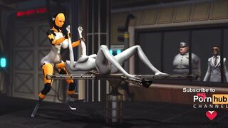 Futa sex robot plays with a female alien in the sci-fi lab