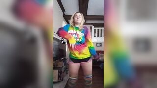 Blond girl Strip Dances in knee high socks