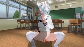 3D HENTAI Neko schoolgirl fucks with two teachers in the classroom