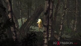 Threesome with a beautiful hot fairy and two orcs in the night forest