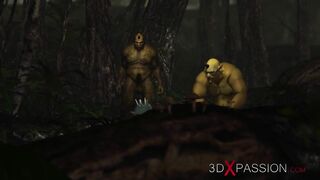Threesome with a beautiful hot fairy and two orcs in the night forest