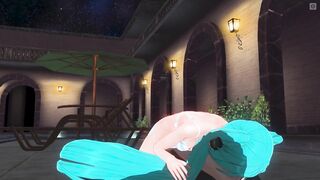 3D HENTAI Hatsune Miku in a swimsuit rides a cock by the pool
