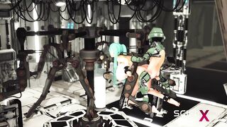 Sex in a spaceship. Space busty girl in cuffs gets fucked hard by sex robot in the lab