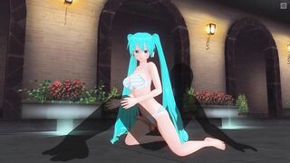3D HENTAI Miku in a swimsuit rides a dick near the pool