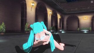 3D HENTAI Miku in a swimsuit rides a dick near the pool