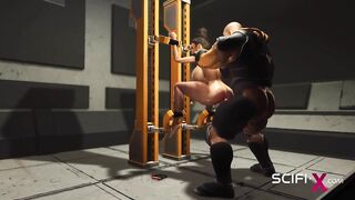 A sexy busty ebony gets fucked by a sci-fi soldier in the sci-fi cell